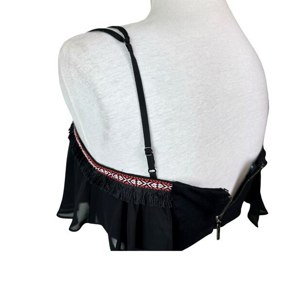 Bebe Black Tribal Embroidered with Black Fringe Bustier Top with Sheer Overlay - Picture 5 of 10